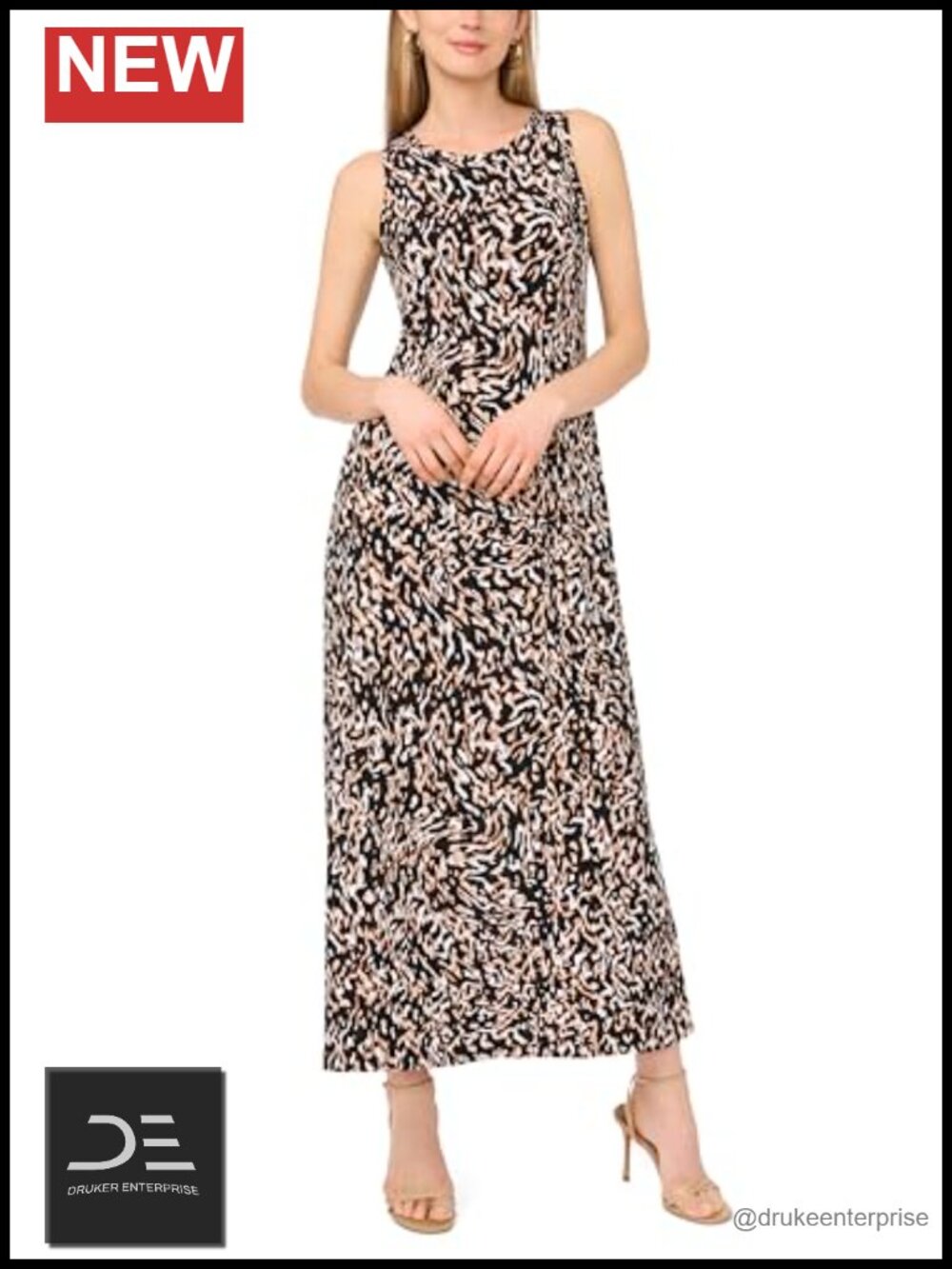 Sleeveless Floral Print Keyhole Back Maxi Dress Fit & Flare Square Neck